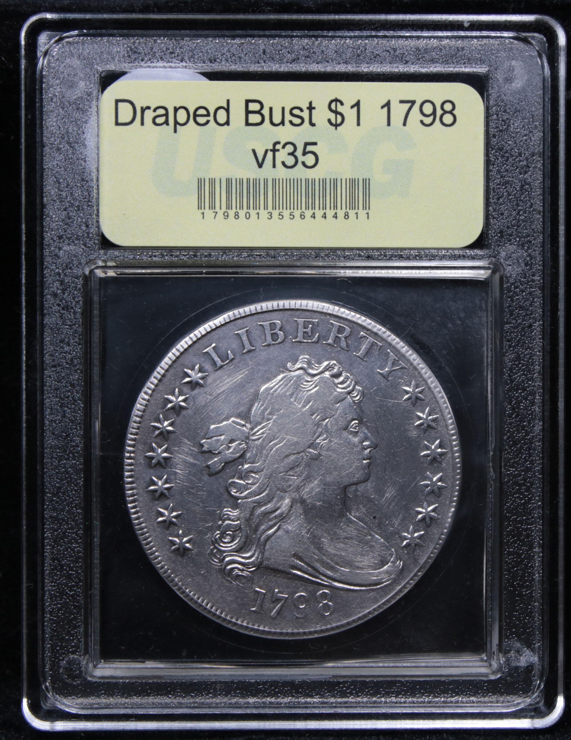 ***Auction Highlight*** 1798 Heraldic Eagle Draped Bust Dollar $1 Graded vf++ by USCG (fc)