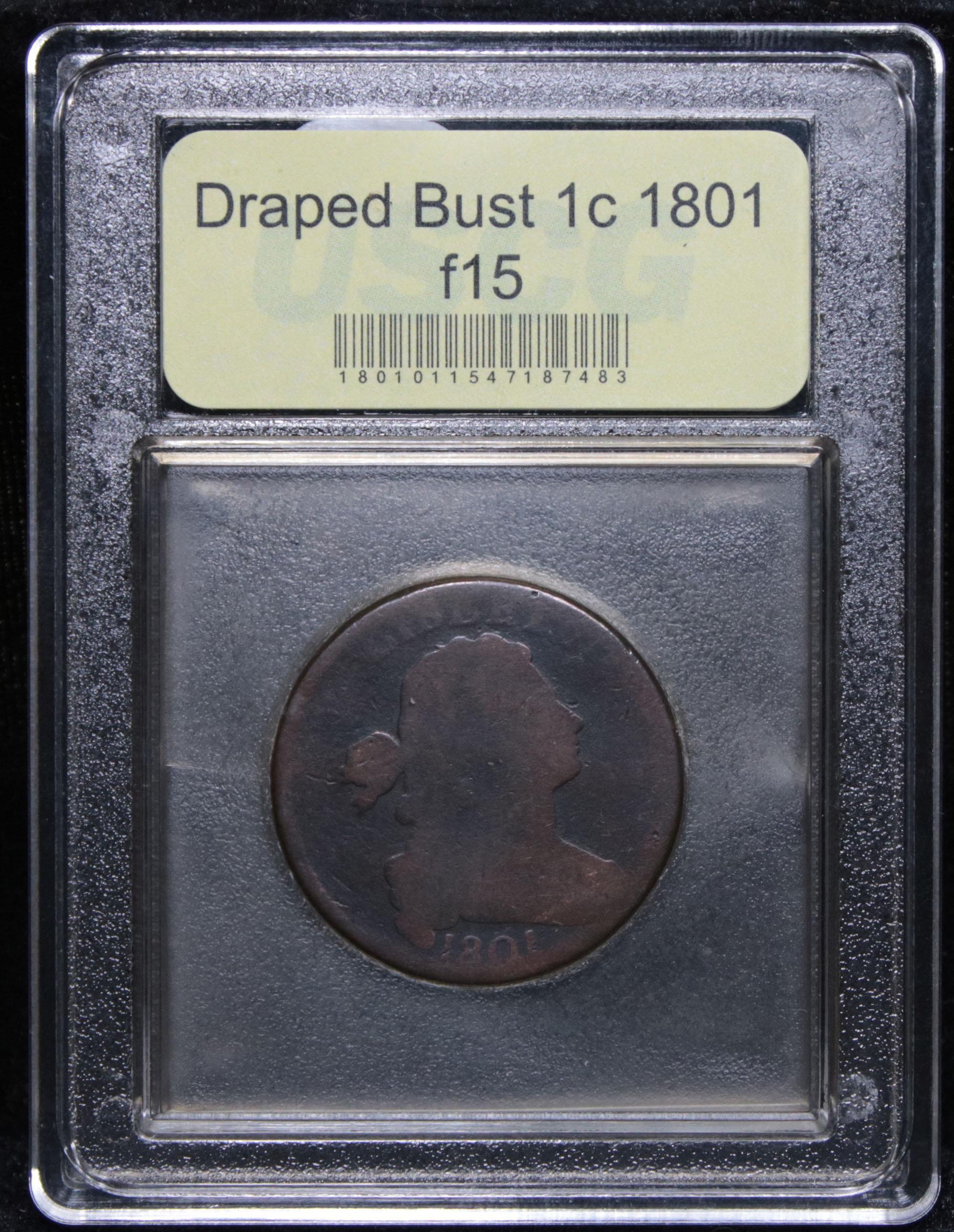 ***Auction Highlight*** 1801 Draped Bust Large Cent 1c Graded f+ by USCG (fc)