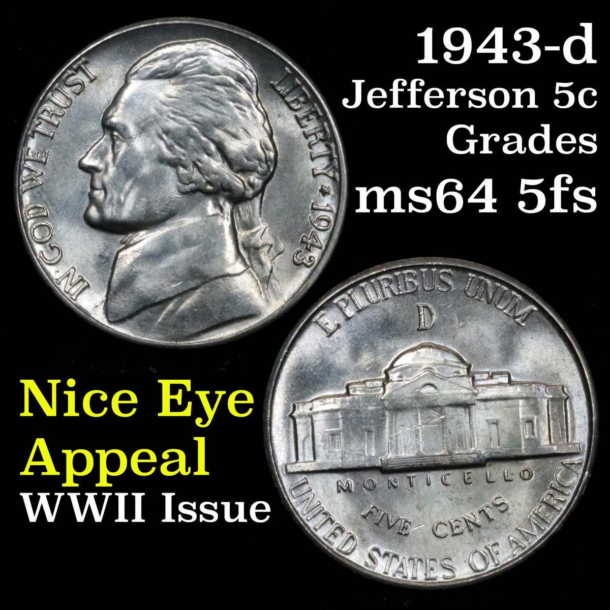 1943-d Jefferson Nickel 5c Grades Choice Unc 5fs