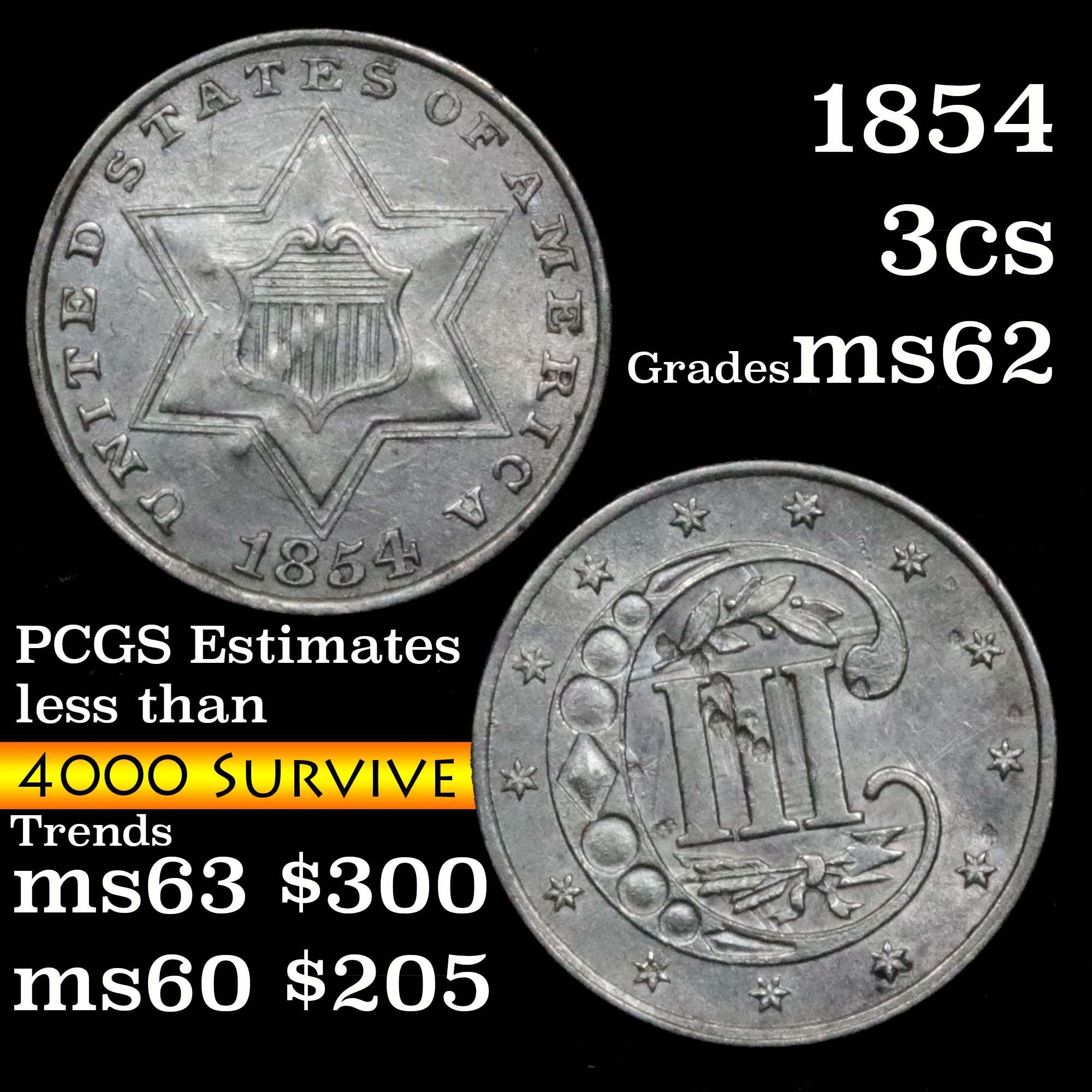1854 3 Cent Silver 3cs Grades Select Unc (fc)