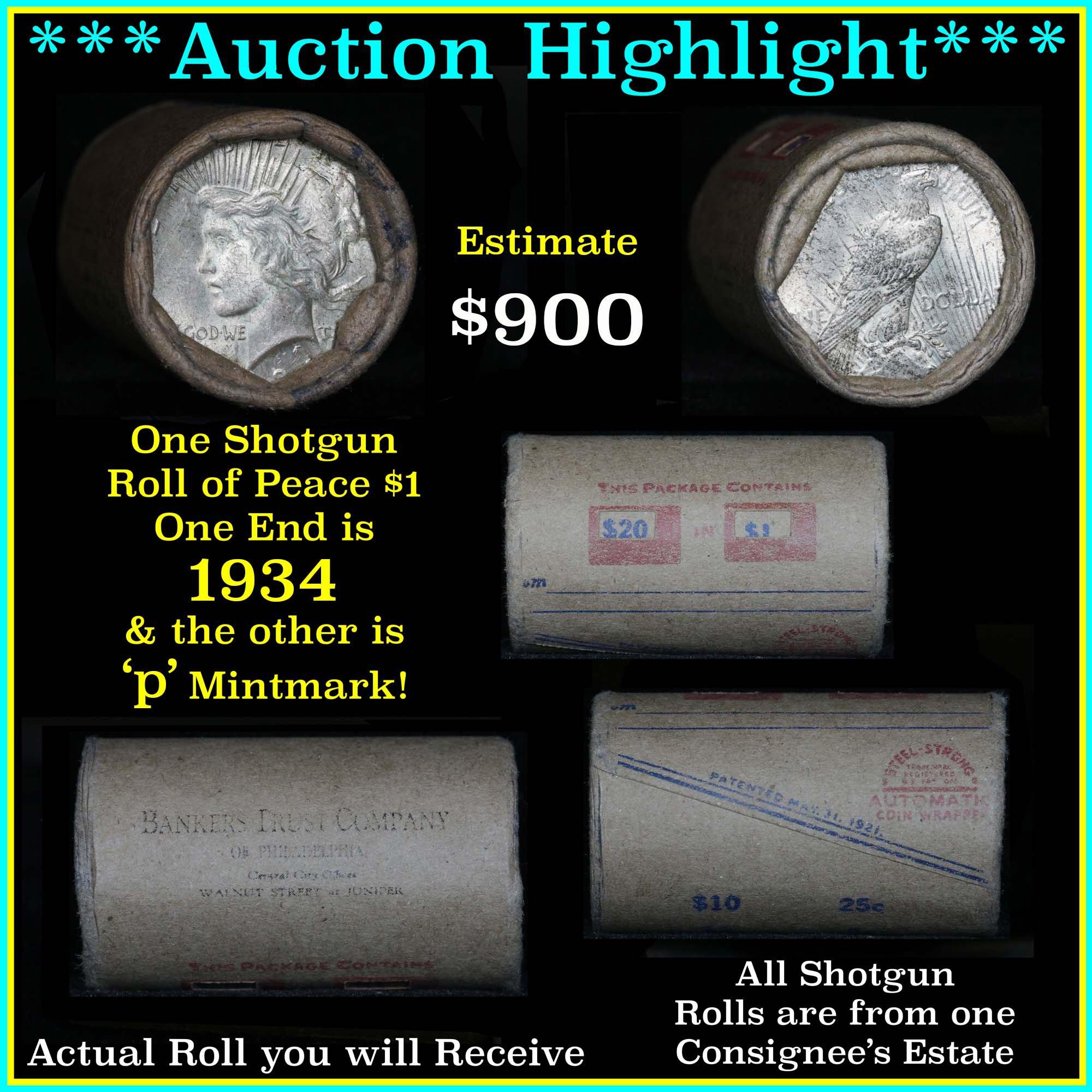 Unc Shotgun Roll Peace dollars 1934 & 'p' mint on ends