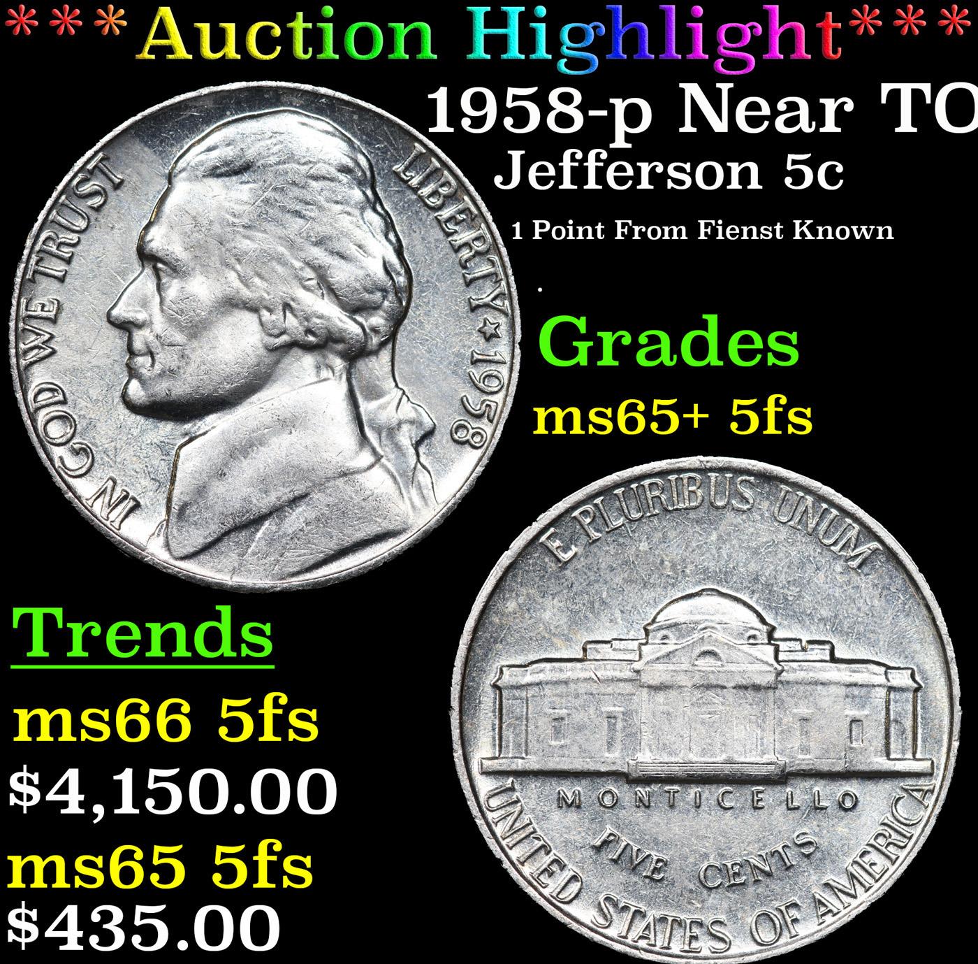 ***Auction Highlight*** 1958-p Jefferson Nickel Near TOP POP! 5c Graded GEM+ 5fs By USCG (fc)