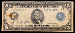 1914 $5 Large Size Blue Seal Federal Reserve Note Chicago, IL Grades vf+ FR-869