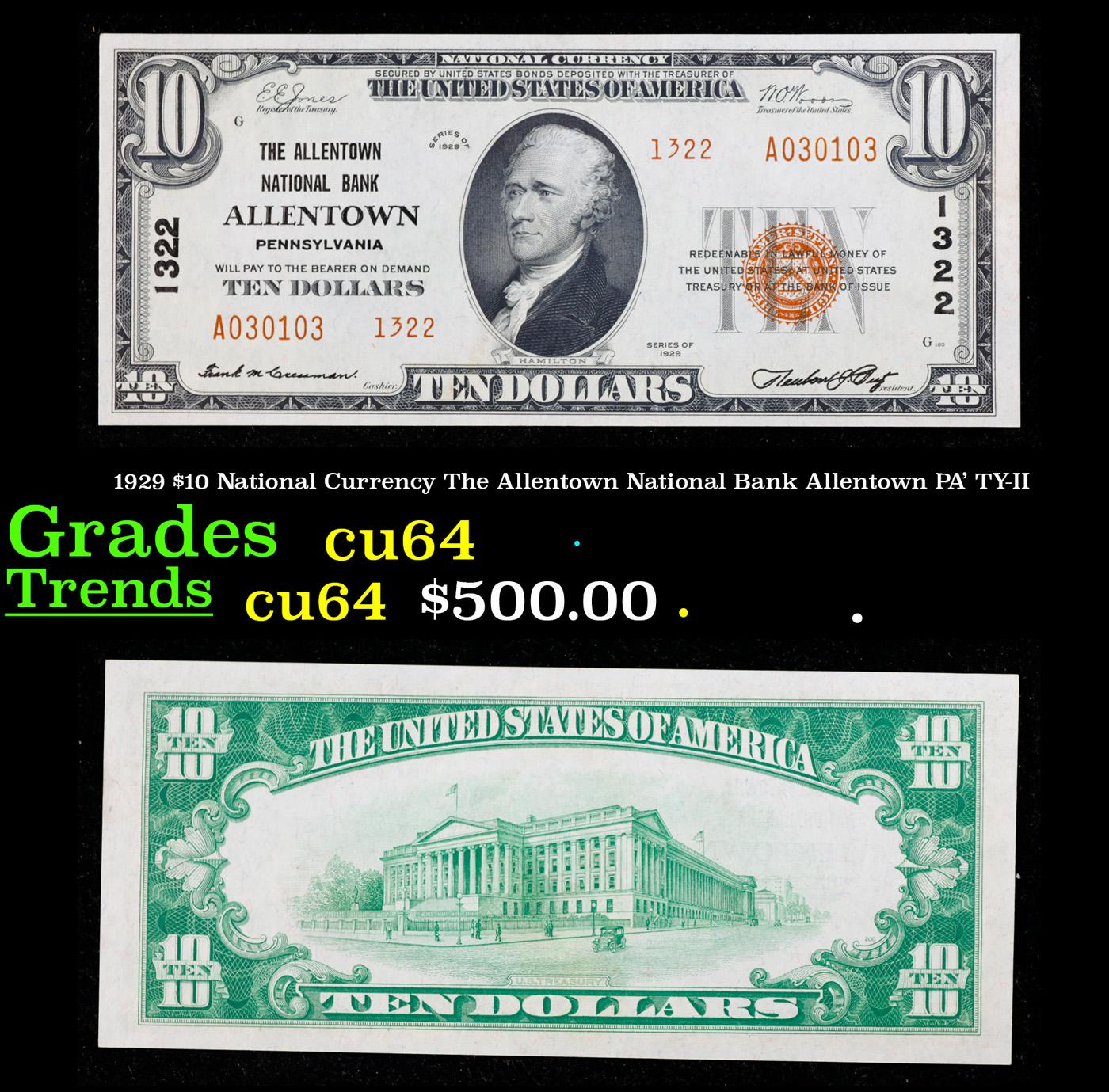 1929 $10 National Currency The Allentown National Bank Allentown PA' Grades Choice CU TY-II