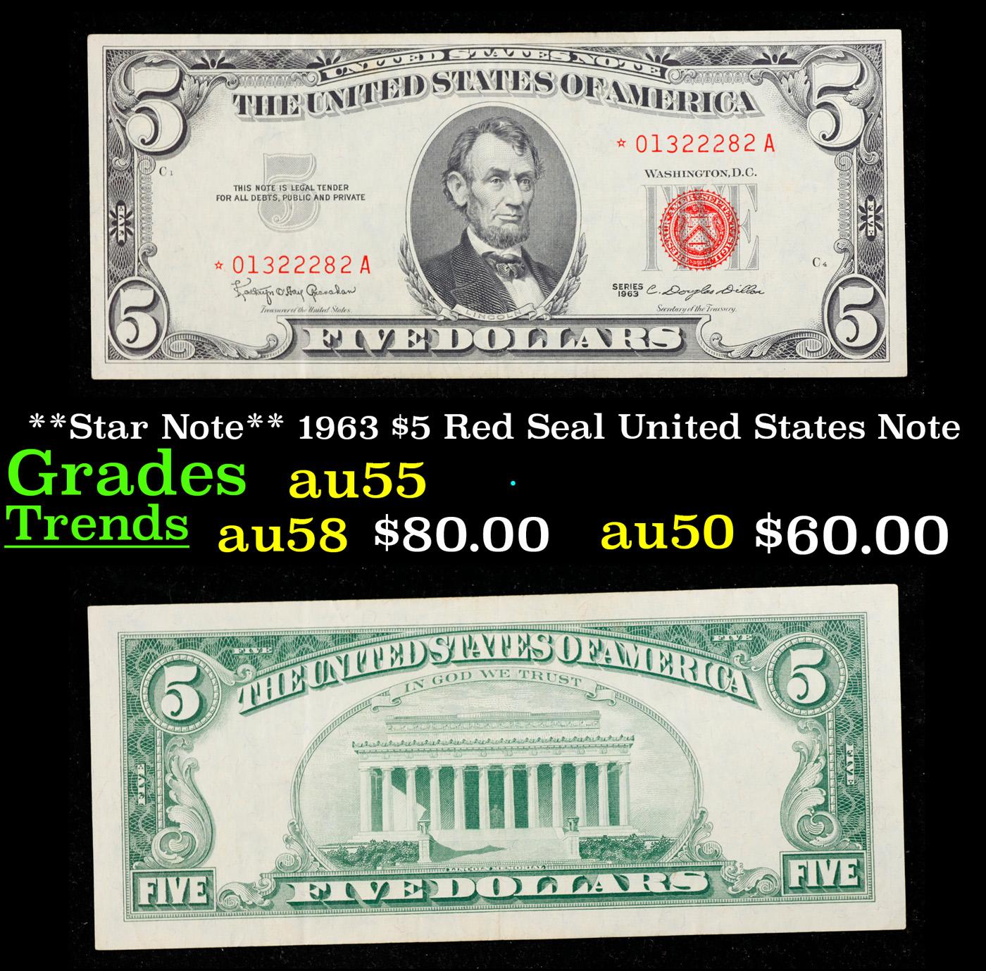 **Star Note** 1963 $5 Red Seal United States Note Grades Choice AU