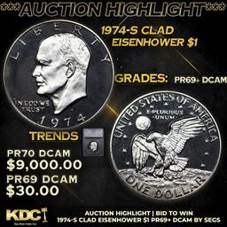 Proof ***Auction Highlight*** 1974-s Clad Eisenhower Dollar 1 Graded pr69+ dcam By SEGS (fc)