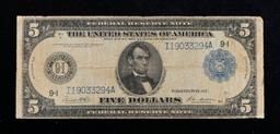 1914 $5 Large Size Blue Seal Federal Reserve Note Minneapolis, MN Grades vf+ FR-879