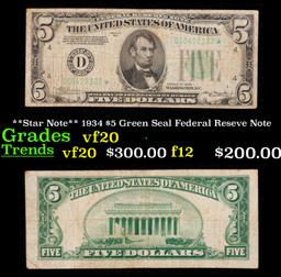 **Star Note** 1934 $5 Green Seal Federal Reseve Note Grades vf, very fine