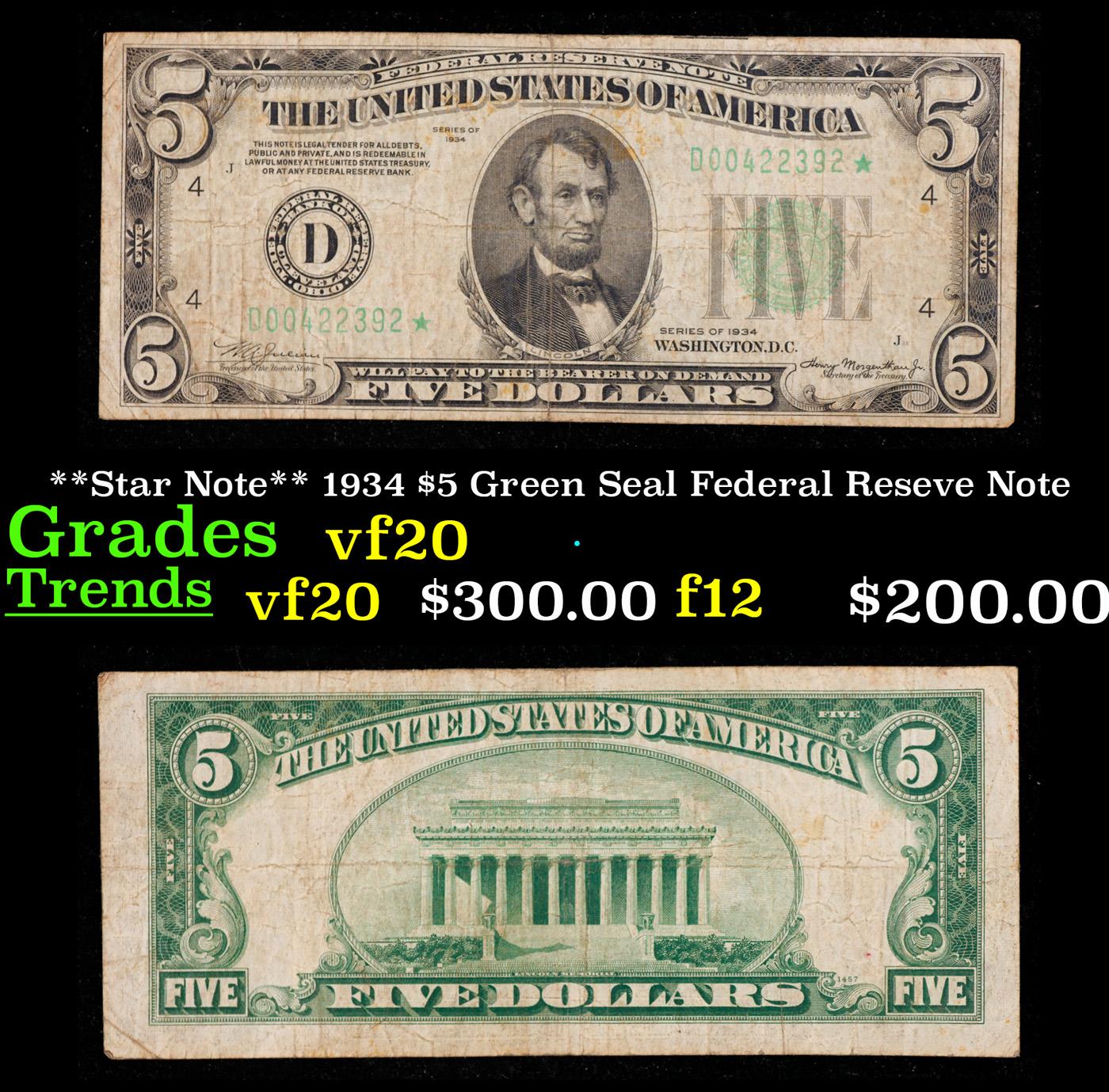 **Star Note** 1934 $5 Green Seal Federal Reseve Note Grades vf, very fine