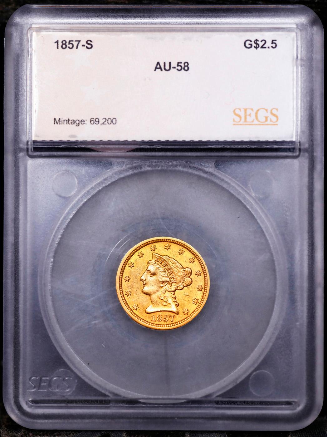 ***Auction Highlight*** 1857-s Gold Liberty Quarter Eagle $2 1/2 Graded au58 By SEGS (fc)