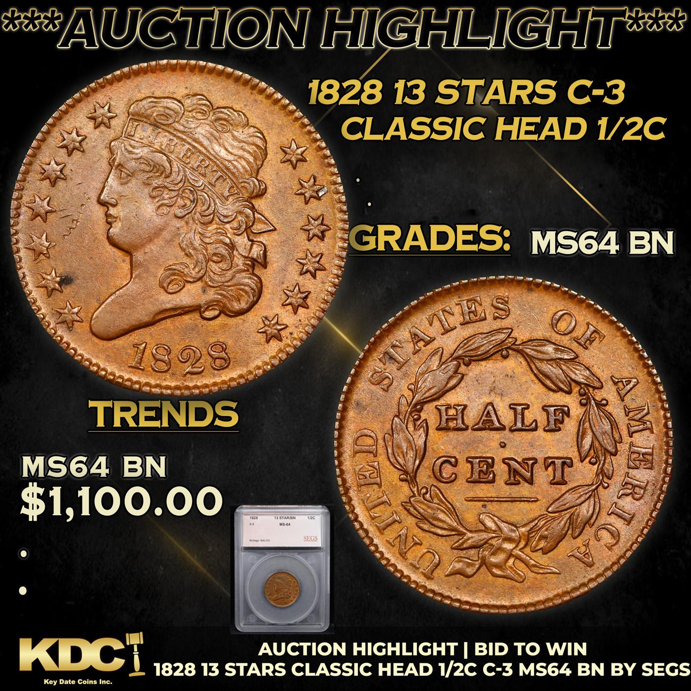 ***Auction Highlight*** 1828 13 Stars Classic Head half cent C-3 1/2c Graded ms64 bn By SEGS (fc)