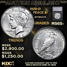 ***Auction Highlight*** 1926-d Peace Dollar $1 Graded ms65+ By SEGS (fc)