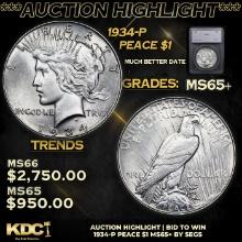 ***Auction Highlight*** 1934-p Peace Dollar $1 Graded ms65+ By SEGS (fc)
