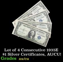 Lot of 4 Consecutive 1935E $1 Silver Certificates, AU/CU! $1 Blue Seal Silver Certificate Grades au/