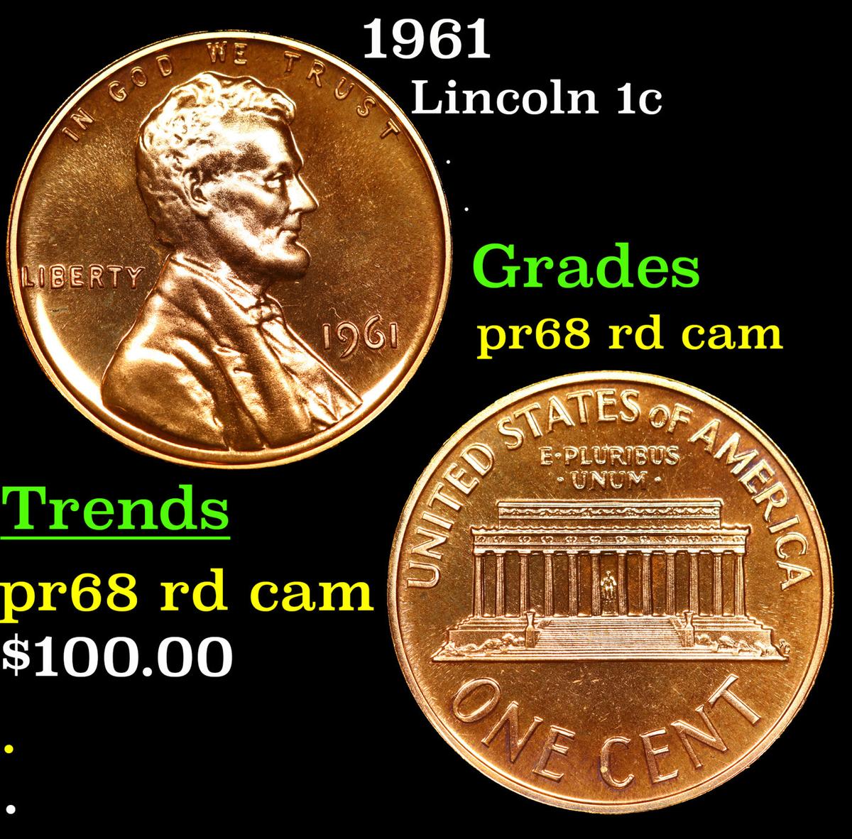 Proof 1961 Lincoln Cent 1c Grades Gem++ Proof Red Cameo