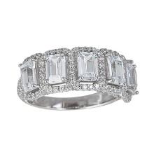 Decadence Sterling Silver 4x6mm Emerald Cut Halo Pave Anniversary Band With arc work size 8