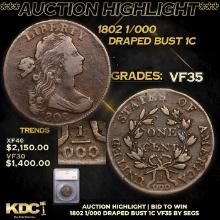 ***Auction Highlight*** 1802 1/000 Draped Bust Large Cent 1c Graded vf35 By SEGS (fc)
