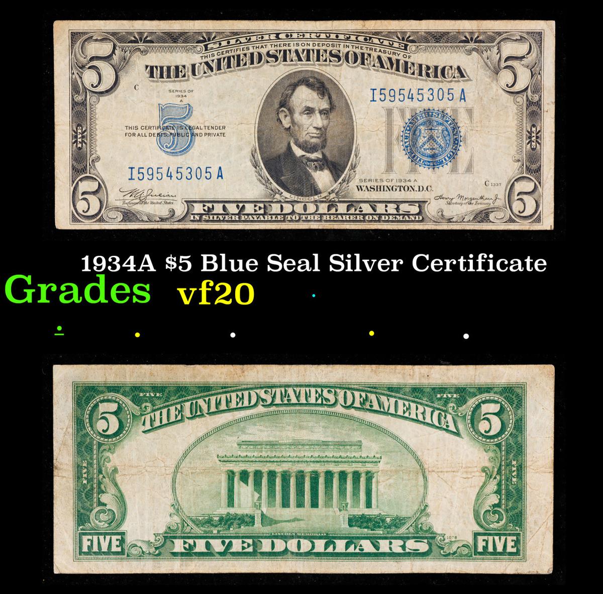 1934A $5 Blue Seal Silver Certificate Grades vf, very fine