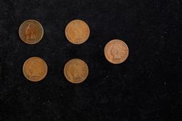 Lot of Five Coins - 1895, 1892, 1904, 1905, 1908 Indian Cent 1c Grades