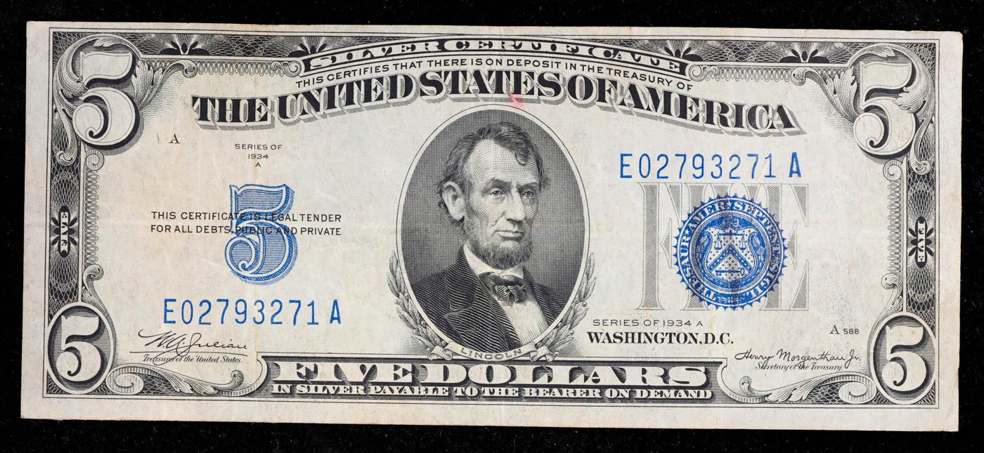1934A $5 Blue Seal Silver Certificate Grades vf++