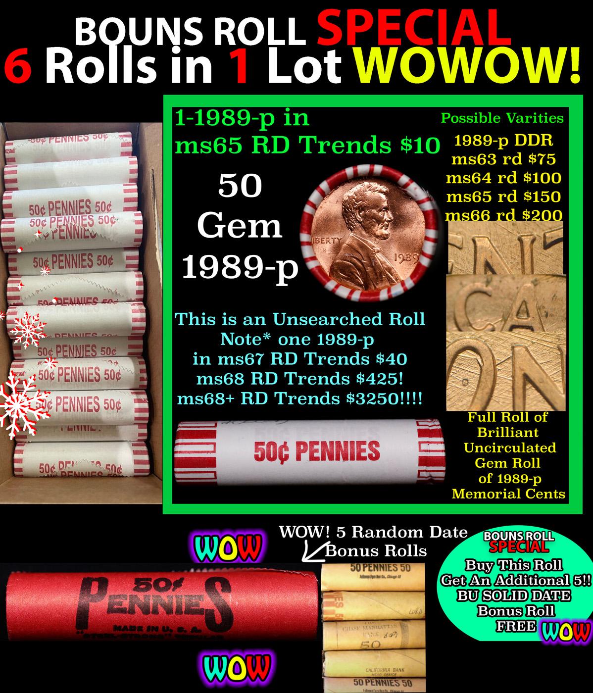 THIS AUCTION ONLY! BU Shotgun Lincoln 1c roll, 1989-p 50 pcs Plus FIVE bonus random date BU roll! Ba