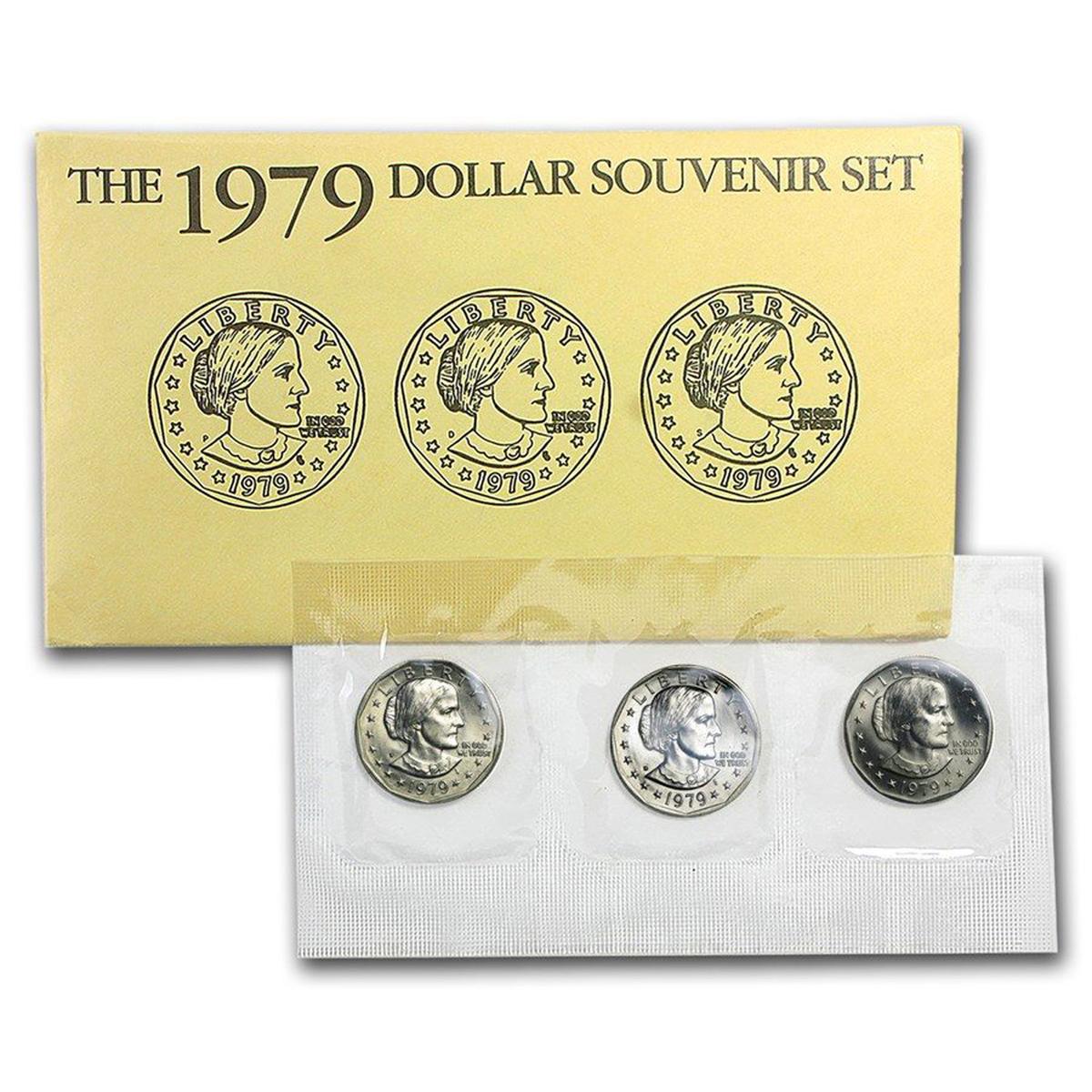 1979 Uncirculated 3-Coin Souvenir Susan B Anthony Dollar Set in Original Packaging