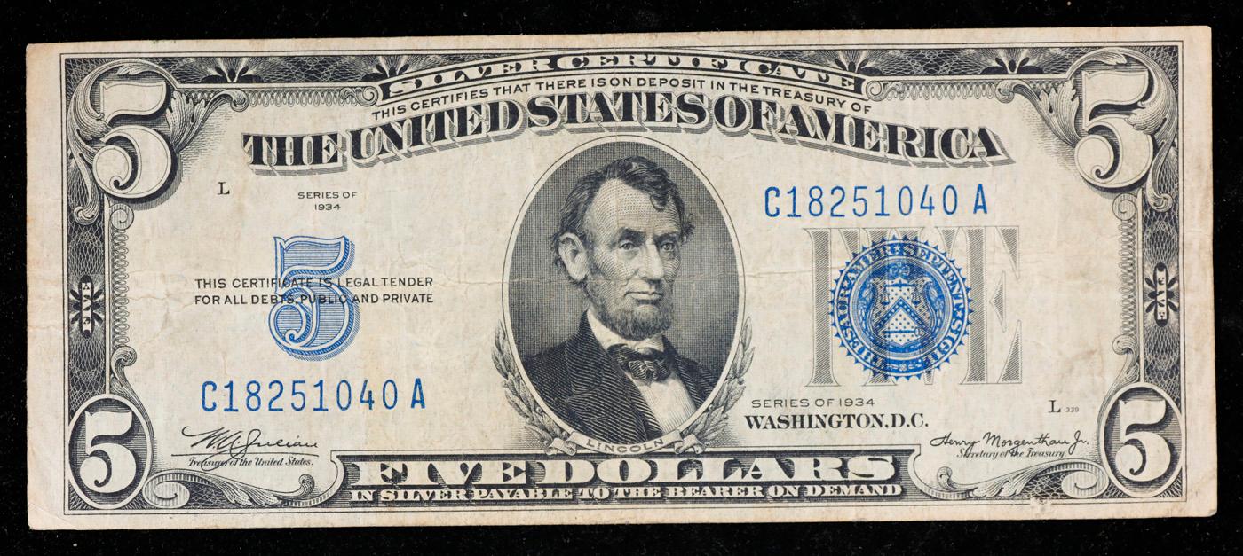 1934 $5 Blue Seal Silver Certificate Grades vf++