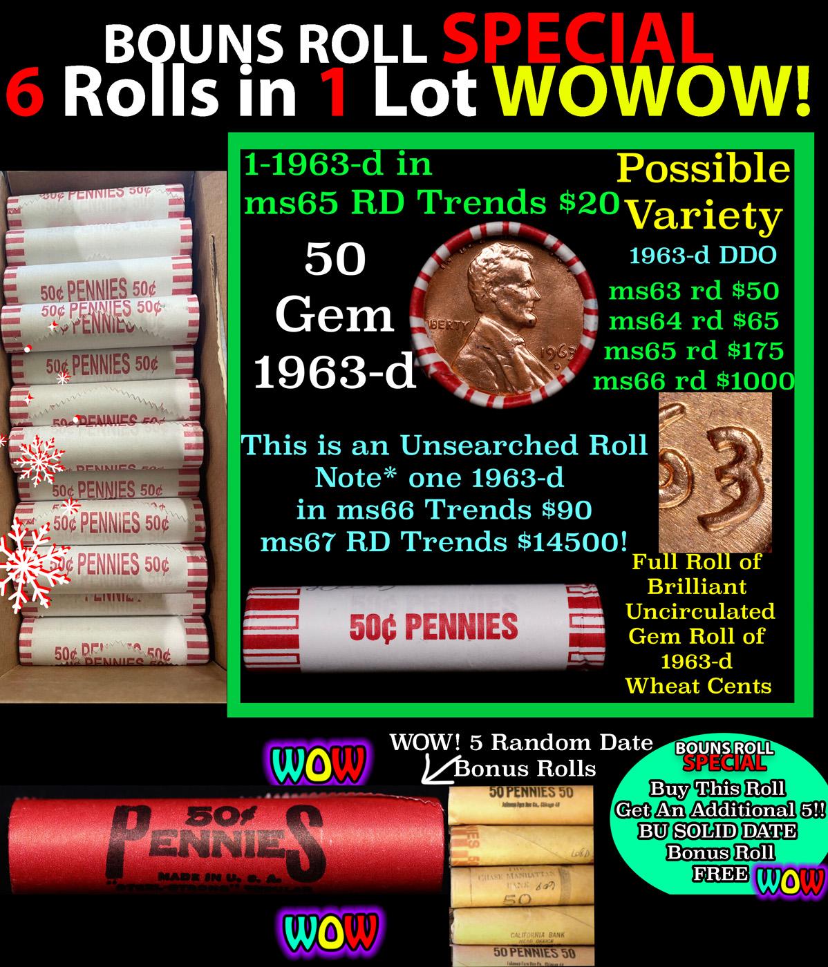 THIS AUCTION ONLY! BU Shotgun Lincoln 1c roll, 1963-d 50 pcs Plus FIVE bonus random date BU roll! Ba