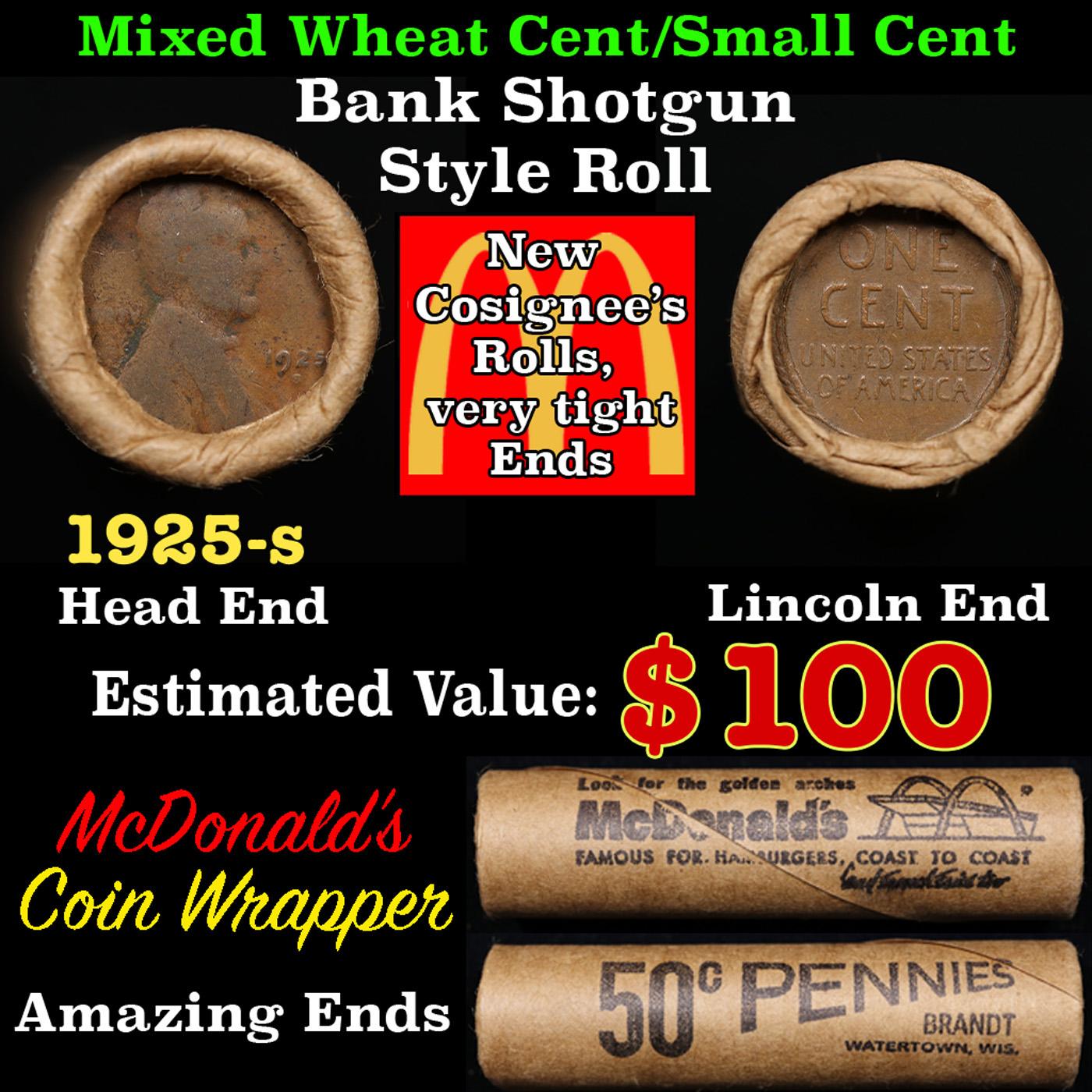 Lincoln Wheat Cent 1c Mixed Roll Orig Brandt McDonalds Wrapper, 1925-s end, Wheat other end