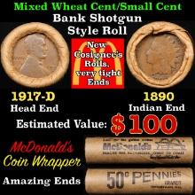 Lincoln Wheat Cent 1c Mixed Roll Orig Brandt McDonalds Wrapper, 1917-d end, 1890 Indian other end