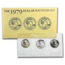 1979 Uncirculated 3-Coin Souvenir Susan B Anthony Dollar Set in Original Packaging