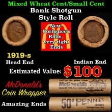 Small Cent Mixed Roll Orig Brandt McDonalds Wrapper, 1919-s Lincoln Wheat end, Indian other end, 50c