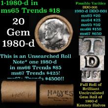 BU Shotgun Kennedy 50c Roll, 1980-d 20 pcs Federal Reserve Bank of Cleveland Wrapper $10