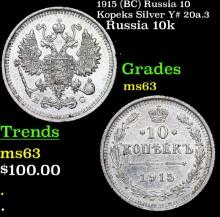 1915 (BC) Russia 10 Kopeks Silver Y# 20a.3 Grades Select Unc