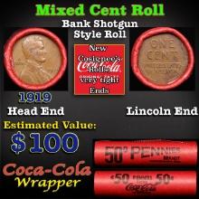Mixed small cents 1c orig shotgun roll, 1919-p Lincoln Cent, Wheat Cent other end, Coca-Cola Brandt