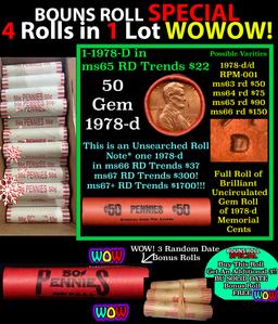 THIS AUCTION ONLY! BU Shotgun Lincoln 1c roll, 1978-d 50 pcs Plus THREE bonus random date BU roll! B