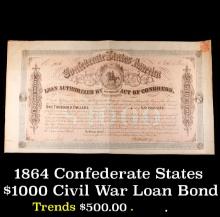 1864 Confederate States $1000 Civil War Loan Bond