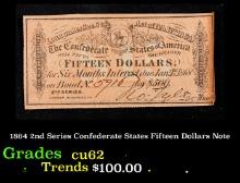 1864 2nd Series Confederate States Fifteen Dollars Note Grades Select CU