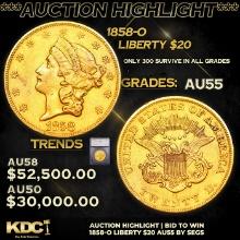 ***Auction Highlight*** 1858-o Gold Liberty Double Eagle $20 Graded au55 By SEGS (fc)