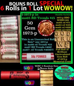 THIS AUCTION ONLY! BU Shotgun Lincoln 1c roll, 1973-p 50 pcs Plus FIVE bonus random date BU roll! Ba