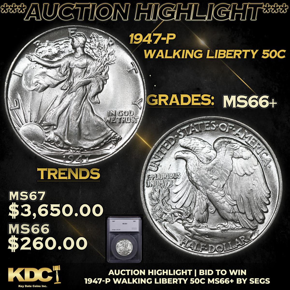 ***Auction Highlight*** 1947-p Walking Liberty Half Dollar 50c Graded ms66+ By SEGS (fc)