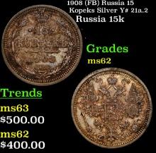 1908 (FB) Russia 15 Kopeks Silver Y# 21a.2 Grades Select Unc