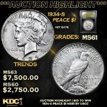***Auction Highlight*** 1934-s Peace Dollar 1 Graded BU+ By USCG (fc)