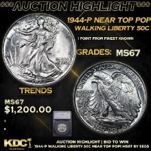 ***Auction Highlight*** 1944-p Walking Liberty Half Dollar Near Top Pop! 50c Graded ms67 By SEGS (fc