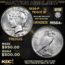 ***Auction Highlight*** 1934-p Peace Dollar 1 Graded Choice+ Unc By USCG (fc)