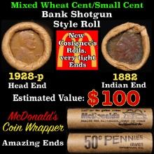 Small Cent Mixed Roll Orig Brandt McDonalds Wrapper, 1928-p Lincoln Wheat end, 1882 Indian other end