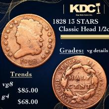 1828 13 STARS Classic Head half cent 1/2c Grades vg details