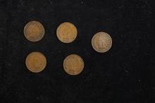 Lot of Five Coins - 1897, 1898, 1901, 1903, 1907 Indian Cent 1c Grades
