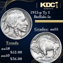 1913-p Ty I Buffalo Nickel 5c Grades Choice AU