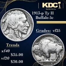 1913-p Ty II Buffalo Nickel 5c Grades vf+